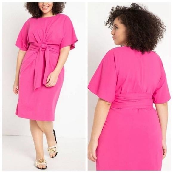 Eloquii Pink Cross Front Wrap Flutter Sleeve Dress - Picture 1 of 12